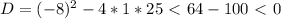 D=(-8)^2-4*1*25\ \textless \ 64-100\ \textless \ 0