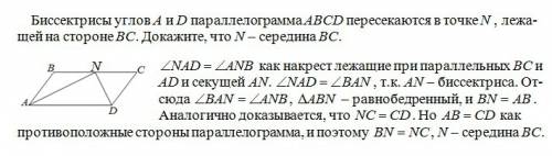 Биссектрисы углов а и в параллелограмма abcd пересекаются в точке n, лежащей на стороне cd. докажите