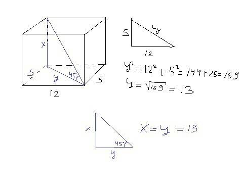 Основанием прямой призмы является прямоугольник со сторонами 5 и 12см. диагональ призмы образует с п