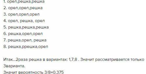 Монета брошена 3 раза тогда вероятность того что решка выпадает ровно два раза равна