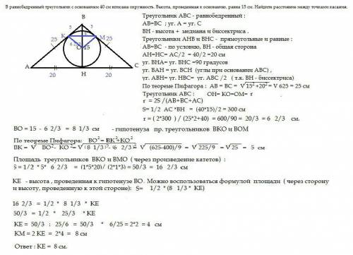 Вравнобедренном треугольнике с основание 40 см вписана окружность. высота проведенная к основанию ра