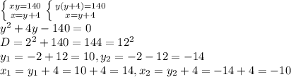 \left \{ {{xy=140} \atop {x=y+4}} \right. \left \{ {{y(y+4)=140} \atop {x=y+4}} \right. \\ y^{2}+4y-140=0 \\ D=2^{2}+140=144=12^{2} \\ y_{1}=-2+12=10, y_{2}=-2-12=-14 \\ x_{1}=y_{1}+4=10+4=14, x_{2}=y_{2}+4=-14+4=-10