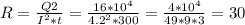 R = \frac{Q2}{ I^{2}*t } = \frac{16* 10^{4}}{4.2^{2}*300 }= \frac{4* 10^{4} }{49*9*3} =30