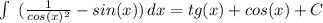 \int\ { (\frac{1}{ cos(x)^{2} } -sin(x))} \, dx = tg(x)+cos(x) +C