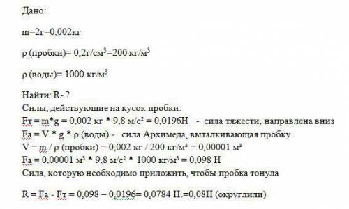 Какая сила потребуется для полного погружения в воду пробки массой 2г? плотность пробки 0,2г/см3?