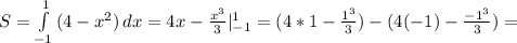 S= \int\limits^1_{-1} {(4-x^2)} \, dx=4x- \frac{x^3}{3} |_{-1}^{1}=(4*1- \frac{1^3}{3})-(4(-1)- \frac{-1^3}{3})=