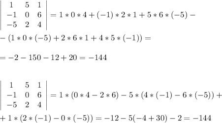 \left|\begin{array}{ccc}1&5&1\\-1&0&6\\-5&2&4\end{array}\right| =1*0*4+(-1)*2*1+5*6*(-5)-\\\\-(1*0*(-5)+2*6*1+4*5*(-1))=\\\\=-2-150-12+20=-144\\\\\\ \left|\begin{array}{ccc}1&5&1\\-1&0&6\\-5&2&4\end{array}\right| =1*(0*4-2*6)-5*(4*(-1)-6*(-5))+\\\\+1*(2*(-1)-0*(-5))=-12-5(-4+30)-2=-144