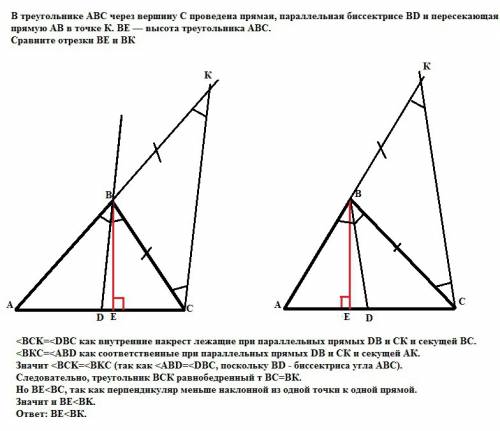 Втреугольнике авс через вершину с проведена прямая, параллельная биссектрисе вd и пересекающая пряму