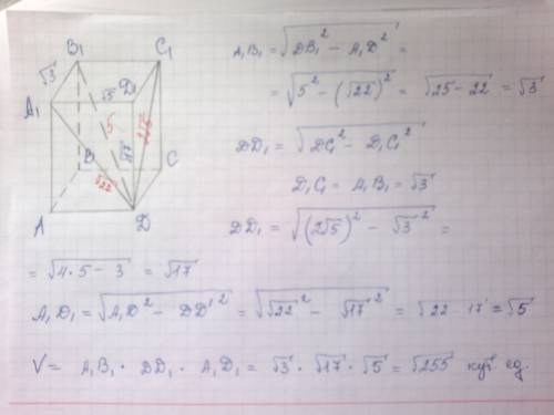 Определите объем прямоугольного параллелепипеда, диагональ которого равна 5, а диагонали его боковых