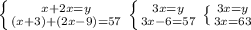 \left \{ {{x+2x=y} \atop {(x+3)+(2x-9)=57}} \right. &#10; \left \{ {{3x=y} \atop {3x-6=57}} \right. &#10; \left \{ {{3x=y} \atop {3x=63}} \right.