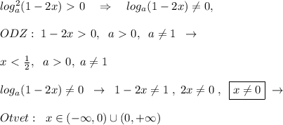 log^2_{a}(1-2x)\ \textgreater \ 0\quad \Rightarrow \quad log_{a}(1-2x)\ne 0,\\\\ODZ:\; 1-2x\ \textgreater \ 0,\; \; a\ \textgreater \ 0,\; \; a\ne 1\; \; \to \\\\x\ \textless \ \frac{1}{2},\; \; a\ \textgreater \ 0,\;a\ne 1\\\\log_{a}(1-2x)\ne 0\; \; \to \; \; 1-2x\ne 1\; ,\; 2x\ne 0\; ,\; \; \boxed {x\ne 0}\; \to\\\\Otvet:\; \; x\in (-\infty ,0)\cup (0,+\infty )