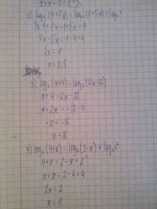 1) log в степени 5 (7-х) = log в степени 5 (3-х)+1 2) log в степени 4 (4+7х)=log в степени 4 (1+5х)+