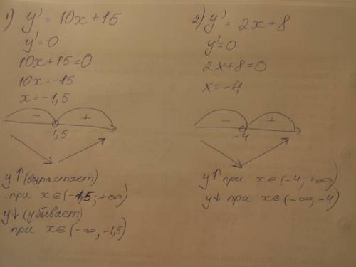 С) подробно.с решением. определите промежутки монотонности функции 1)y=5x²+15x-1 2)y=-x²+8x-7