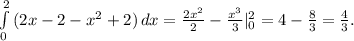 \int\limits^2_0 {(2x-2-x^2+2)} \, dx = \frac{2x^2}{2}- \frac{x^3}{3} |_0^2=4- \frac{8}{3}= \frac{4}{3} .