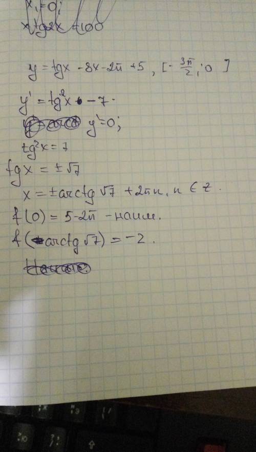 Найти наименьшее значение функции y=8tgx-8x-2π+5 на отрезке[-3π/2; 0]