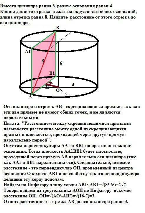 Высота цилиндра равна 6 радиус основания равен 4.концы данного отрезка лежат на окружности обоих осн