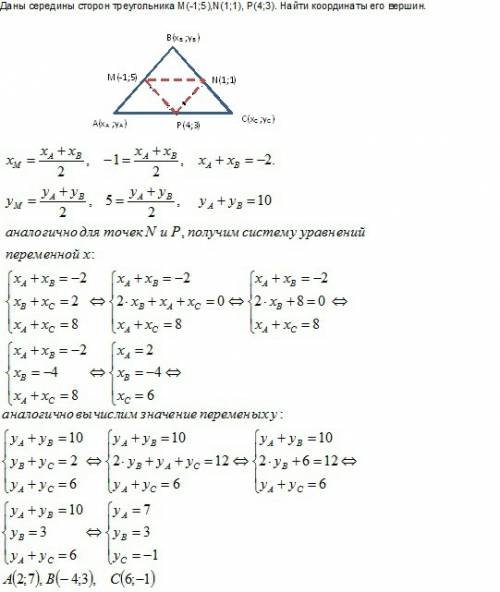 Подробно решить : даны середины сторон треугольника м(-1; 5),n(1; 1), p(4; 3). найти координаты его