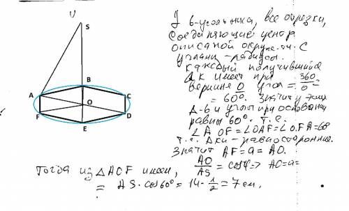 Боковое ребро правильной шестиугольной пирамиды равно 14 и наклонена к плоскости основания под углом