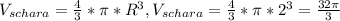 V_{schara} = \frac{4}{3} * \pi * R^{3} , V _{schara} = \frac{4}{3} * \pi * 2^{3} = \frac{32 \pi }{3}