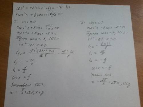 Cos^2x+2(sinx)*ctgx=1,25 sinx по модулю! это модульные скобки