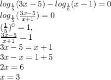 log_{\frac{1}{5}}(3x-5)-log_{\frac{1}{5}}(x+1)=0\\log_{\frac{1}{5}}(\frac{3x-5}{x+1})=0\\(\frac{1}{5})^0=1,\\\frac{3x-5}{x+1}=1\\3x-5=x+1\\3x-x=1+5\\2x=6\\x=3