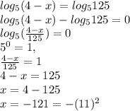 log_5(4-x)=log_5125\\log_5(4-x)-log_5125=0\\log_5(\frac{4-x}{125})=0\\5^0=1,\\\frac{4-x}{125}=1\\4-x=125\\x=4-125\\x=-121=-(11)^2