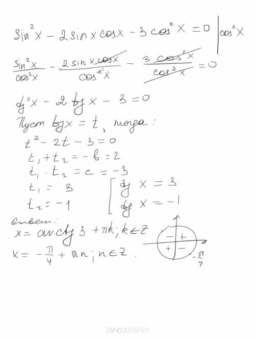 Решите уравнение sin^2x-2sinxcosx-3cos^2x=0