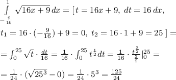 \int\limits^1_{-\frac{9}{16}} {\sqrt{16x+9}} \, dx =[\, t=16x+9,\; dt=16\, dx,\\\\ t_1=16\cdot (-\frac{9}{16})+9=0,\; t_2=16\cdot 1+9=25\; ]=\\\\=\int _0^{25}\sqrt{t}\cdot \frac{dt}{16}=\frac{1}{16}\cdot \int _0^{25}t^{\frac{1}{2}}dt=\frac{1}{16}\cdot \frac{t^{\frac{3}{2}}}{\frac{3}{2}}|_0^{25}=\\\\=\frac{1}{24}\cdot (\sqrt{25^3}-0)=\frac{1}{24}\cdot 5^3=\frac{125}{24}