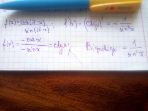 Знайти похідну функції f(x)=cos(π-x)/sin(2π-x)