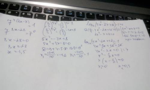 Нужно решить уравнение. ! а)7^4(2х-7)=1 б) (2/3)^5х^2=(3/2)^3х-8 в) log12(4x^2-2x+12)-1=0