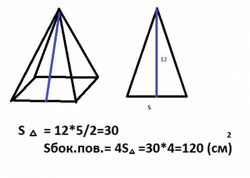 Сторона основания правильной четырехугольной пирамиды 5 см, а апофема 12 см. вычислите боковую повер