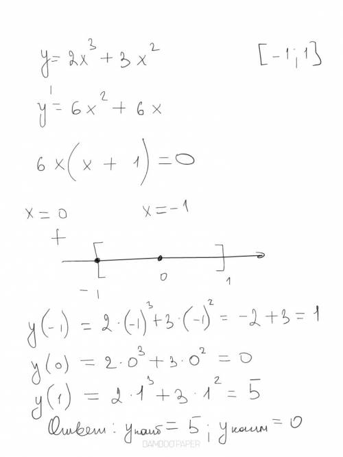 Найдите наибольшее и наименьшее значения функции на отрезке y=2x^3+3x^2,[-1; 1]