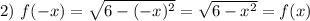 2)\ f(-x)=\sqrt{6-(-x)^2}= \sqrt{6-x^2} =f(x)