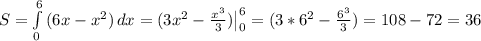 S=\int\limits^6_0 {(6x-x^2)} \, dx =(3x^2- \frac{x^3}{3}) \big|_0^6 = ( 3*6^2- \frac{6^3}{3})= 108-72=36