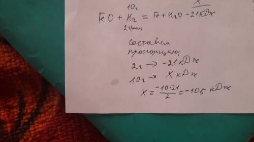 Врезультате реакции, уравнение которой feo(тв) + h2(г) = fe(тв) + h2o(ж) – 21 кдж израсходовалось 10