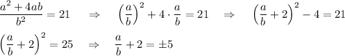 \dfrac{a^2+4ab}{b^2}=21~~~~\Rightarrow~~~ \left(\dfrac{a}{b}\right)^2+4\cdot\dfrac{a}{b}=21~~~\Rightarrow~~~ \left(\dfrac{a}{b}+2\right)^2-4=21\\ \\ \left(\dfrac{a}{b}+2\right)^2=25~~~\Rightarrow~~~\dfrac{a}{b}+2=\pm5