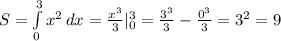 S= \int\limits^3_0 {x^2} \, dx= \frac{x^3}{3}|^3_0= \frac{3^3}{3}- \frac{0^3}{3}=3^2=9