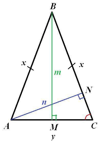 Найдите длины сторон abc с основанием ac, еслиизвестно, что длины его высот an и bmравны соответств