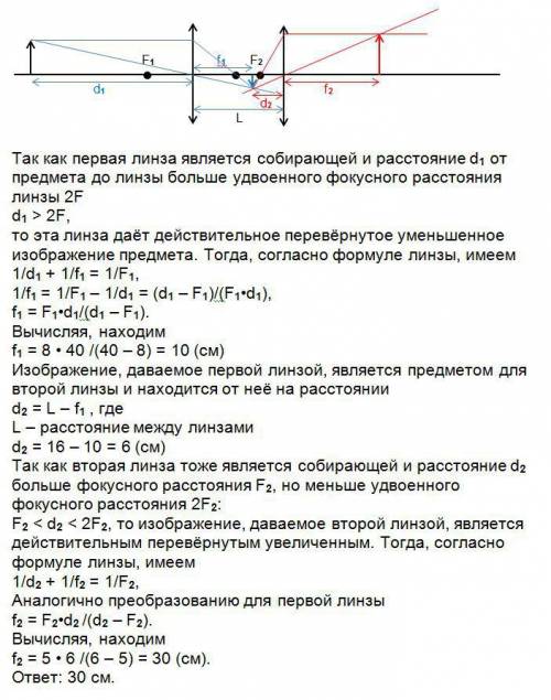 Втрубу на расстоянии 16 см одна от другой вставлены две собирающие линзы. фокусное расстояние первой