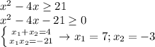 x^2-4x\geq21\\x^2-4x-21\geq0\\\left\{{{x_1+x_2=4}\atop{x_1x_2=-21}}\right.\to x_1=7;x_2=-3