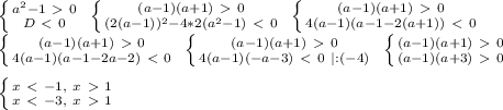 \left \{ {{a ^{2} -1\ \textgreater \ 0} \atop {D\ \textless \ 0}} \right. \ \left \{ {{(a-1)(a+1)\ \textgreater \ 0} \atop {(2(a-1)) ^{2} -4*2(a ^{2} -1)\ \textless \ 0}} \right. \ \left \{ {{(a-1)(a+1)\ \textgreater \ 0} \atop {4(a-1)(a-1-2(a+1))\ \textless \ 0}} \right. \\ \left \{ {{(a-1)(a+1)\ \textgreater \ 0} \atop {4(a-1)(a-1-2a-2)\ \textless \ 0}} \right. \ \left \{ {{(a-1)(a+1)\ \textgreater \ 0} \atop {4(a-1)(-a-3)\ \textless \ 0}\ |:(-4)} \right. \ \left \{ {{(a-1)(a+1)\ \textgreater \ 0} \atop {(a-1)(a+3)\ \textgreater \ 0}} \right. \\ \\ \left \{ {{x\ \textless \ -1,\ x\ \textgreater \ 1} \atop {x\ \textless \ -3, \ x\ \textgreater \ 1}} \right.