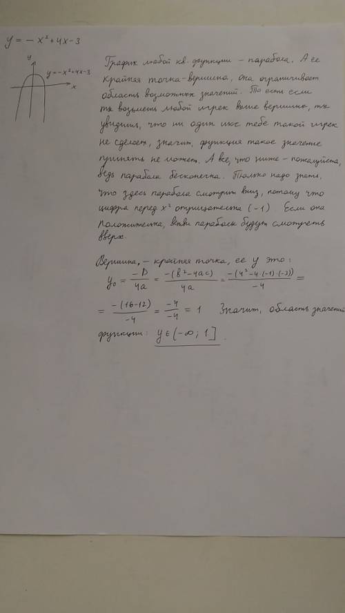 Найдите множество значений функции y = −x^2 + 4x−3 дайте ответ с объяснениями