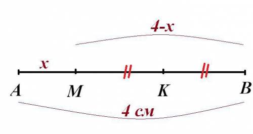 Точки m и k лежат на отрезке ab, длина которого равна 4 см. bm=2bk, am=0,8ak. найдите длину отрезка