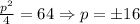 \frac{p^2}{4}=64 \Rightarrow p = \pm 16