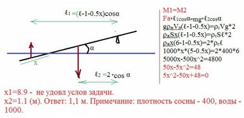 Сосновая доска длиной 6 м лежит на опоре, выступая за нее одним концом на 1 м, а вторым концом погру