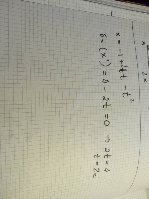 Координата точки зависит от времени по закону: x=-1+4t-t^2. найдите момент времени, в который скорос