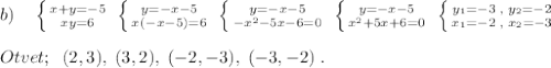 b)\quad \left \{ {{x+y=-5} \atop {xy=6}} \right. \; \left \{ {{y=-x-5} \atop {x(-x-5)=6}} \right. \; \left \{ {{y=-x-5} \atop {-x^2-5x-6=0}} \right. \; \left \{ {{y=-x-5} \atop {x^2+5x+6=0}} \right. \; \left \{ {{y_1=-3\; ,\; y_2=-2} \atop {x_1=-2\; ,\; x_2=-3}} \right. \\\\Otvet;\; \; (2,3),\; (3,2),\; (-2,-3),\; (-3,-2) \; .