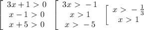 \left[\begin{array}{ccc}3x+1\ \textgreater \ 0\\x-1\ \textgreater \ 0\\x+5\ \textgreater \ 0\end{array}\right\left[\begin{array}{ccc}3x\ \textgreater \ -1\\x\ \textgreater \ 1\\x\ \textgreater \ -5\end{array}\right\left[\begin{array}{ccc}x\ \textgreater \ -\frac{1}{3}\\x\ \textgreater \ 1\end{array}\right