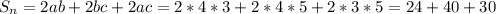 S_{n} =2ab+2bc+2ac= 2*4*3+2*4*5+2*3*5=24+40+30