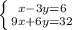 \left \{ {{x - 3y=6} \atop {9x + 6y=32}} \right.